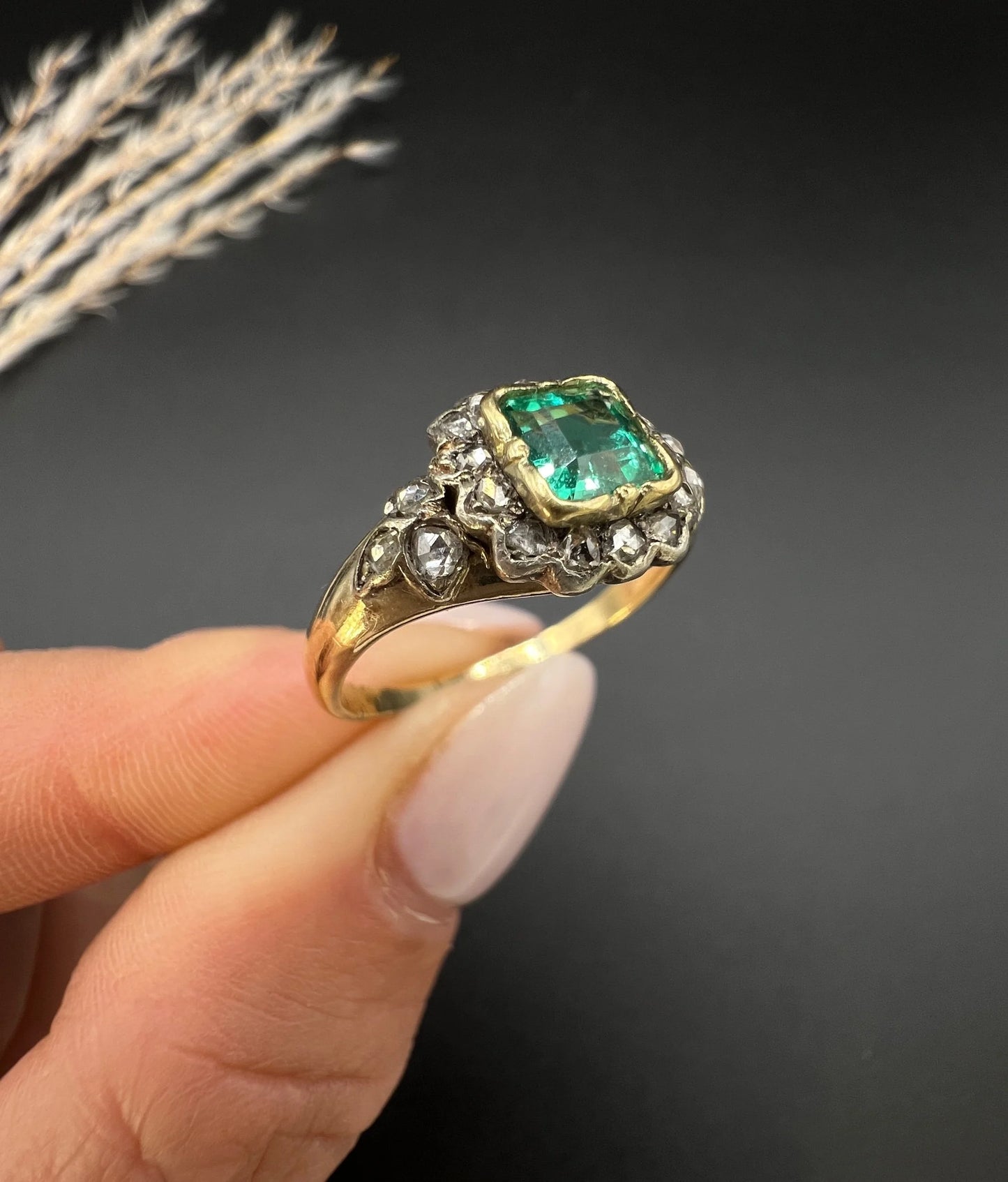 Victorian 18 Carat Yellow Gold Emerald and Diamond Square Cluster Ring, Circa 1860