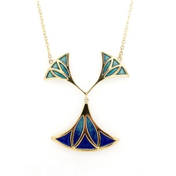 Blue and Green Enamel Pendant; formed of three lotus flower shapes decorated in green and blue enamel, in 18ct yellow gold