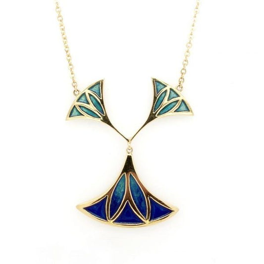 Blue and Green Enamel Pendant; formed of three lotus flower shapes decorated in green and blue enamel, in 18ct yellow gold