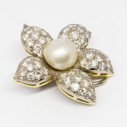 Pearl Diamond Gold Platinum Flower Earrings