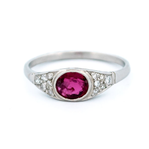 Vintage Ruby, Diamond and Platinum Art Deco Style Ring, 0.77 Carat