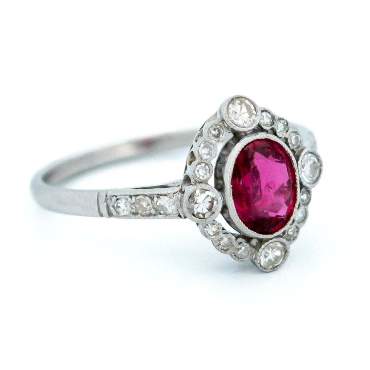 Vintage Diamond, Ruby and Platinum Quatrefoil Ring, 0.71 Carat