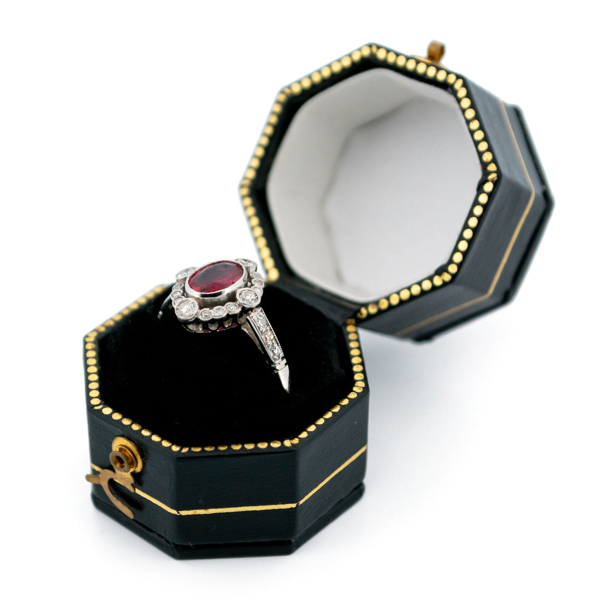 Vintage Diamond, Ruby and Platinum Quatrefoil Ring, 0.71 Carat