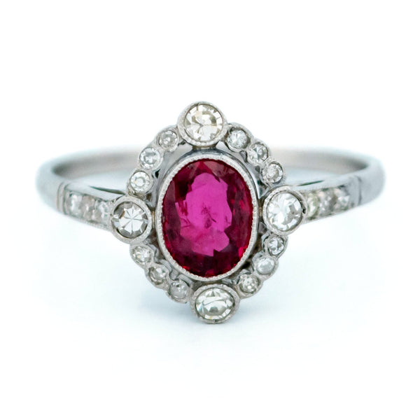 Vintage Diamond, Ruby and Platinum Quatrefoil Ring, 0.71 Carat