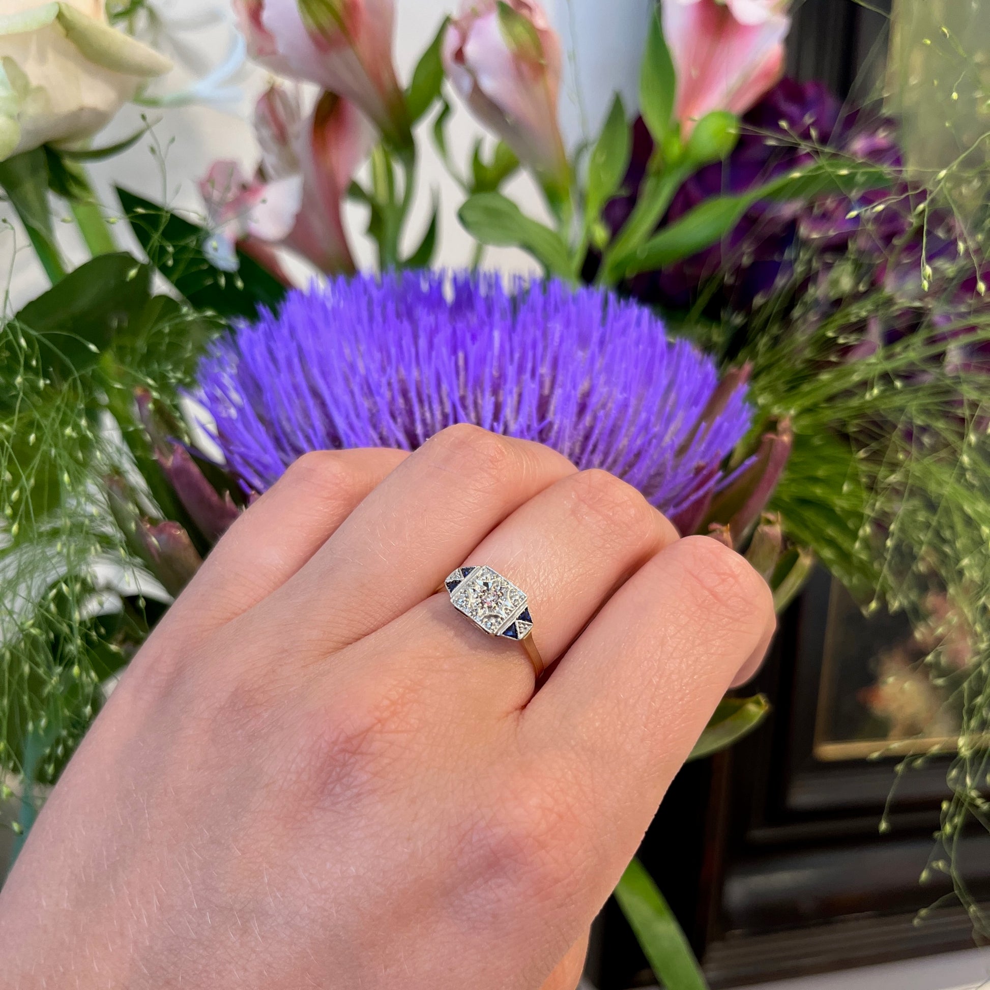 Art Deco 18 Carat Yellow and White Gold Sapphire and Diamond Ring