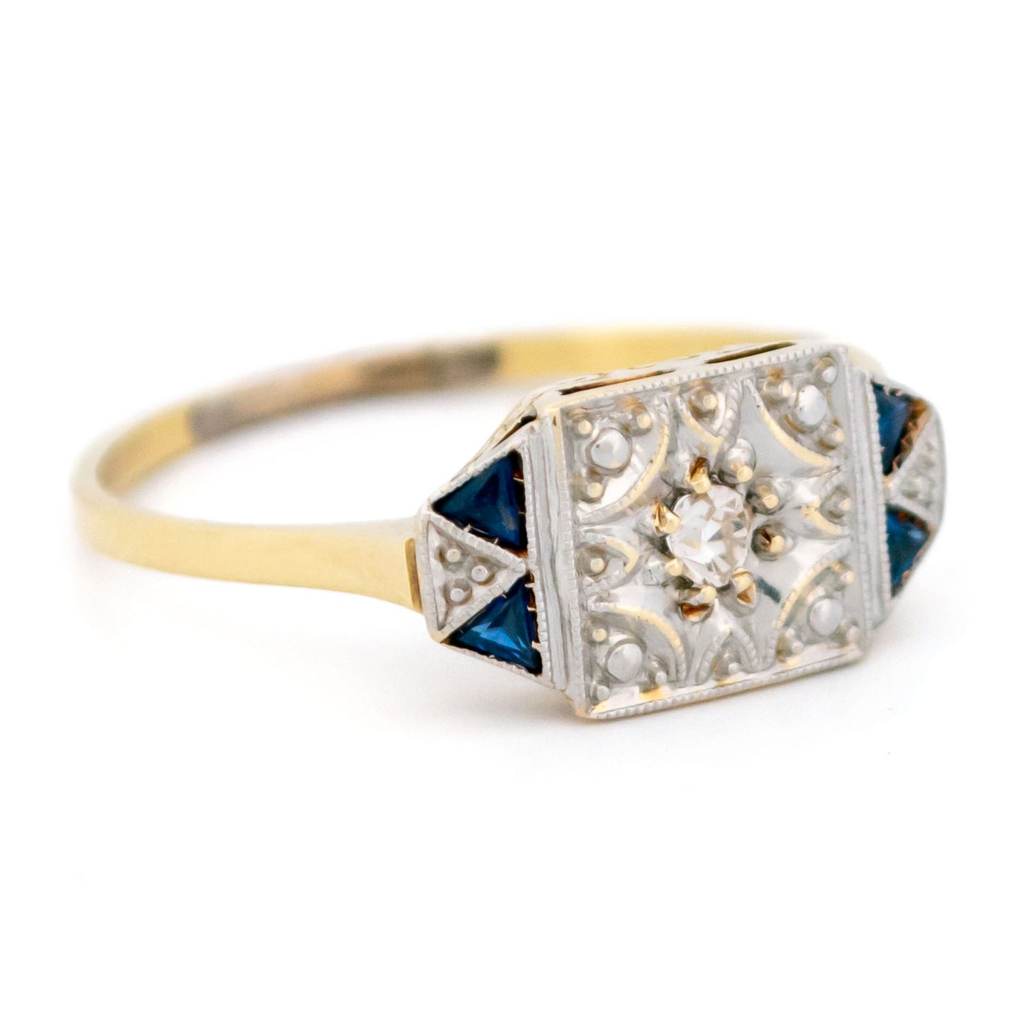 Art Deco 18 Carat Yellow and White Gold Sapphire and Diamond Ring