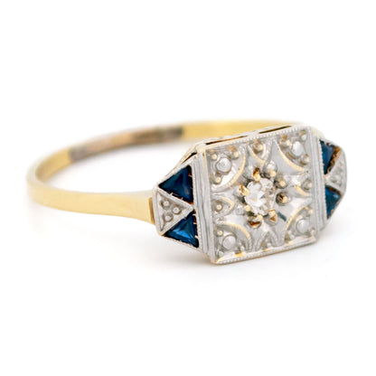 Art Deco 18 Carat Yellow and White Gold Sapphire and Diamond Ring