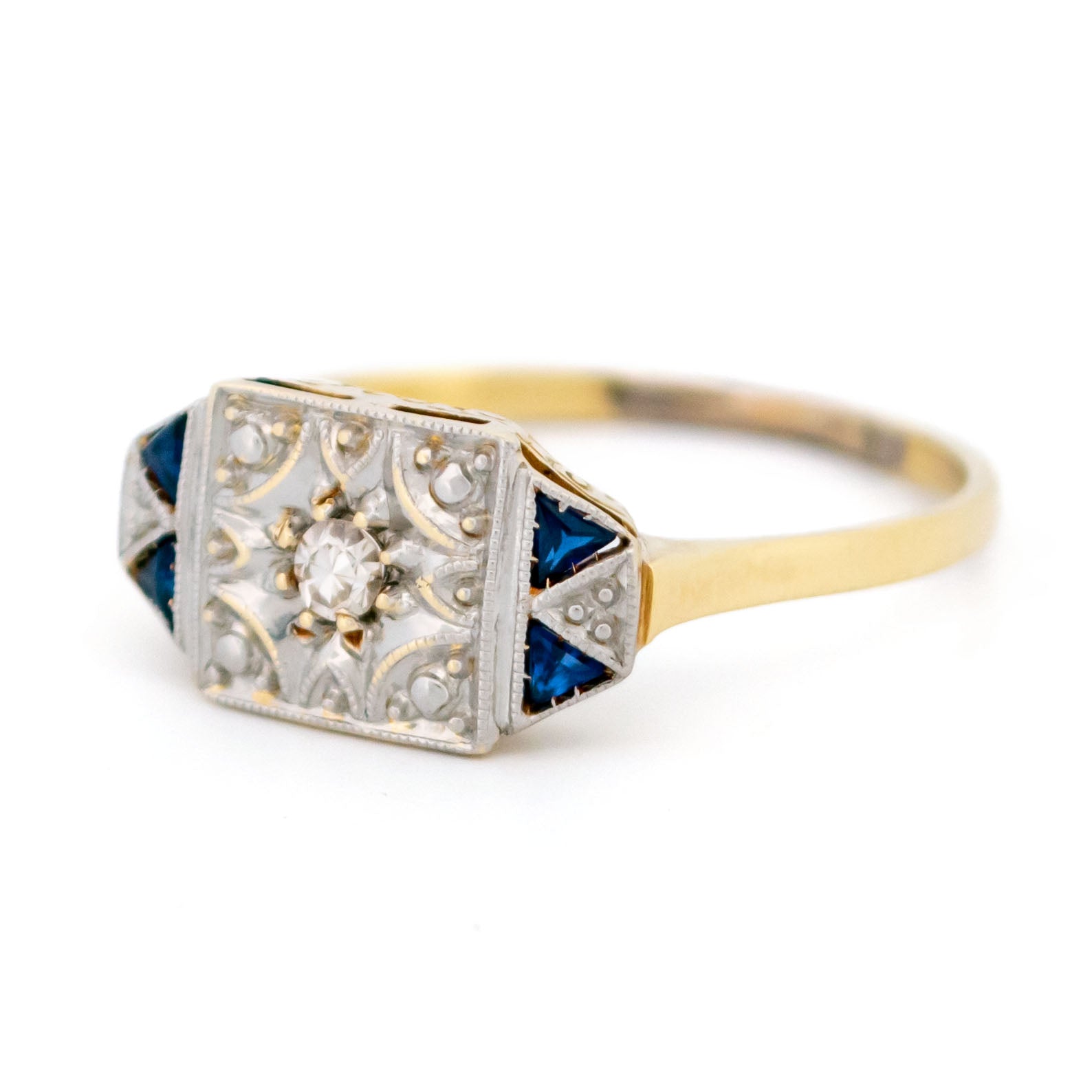 Art Deco 18 Carat Yellow and White Gold Sapphire and Diamond Ring