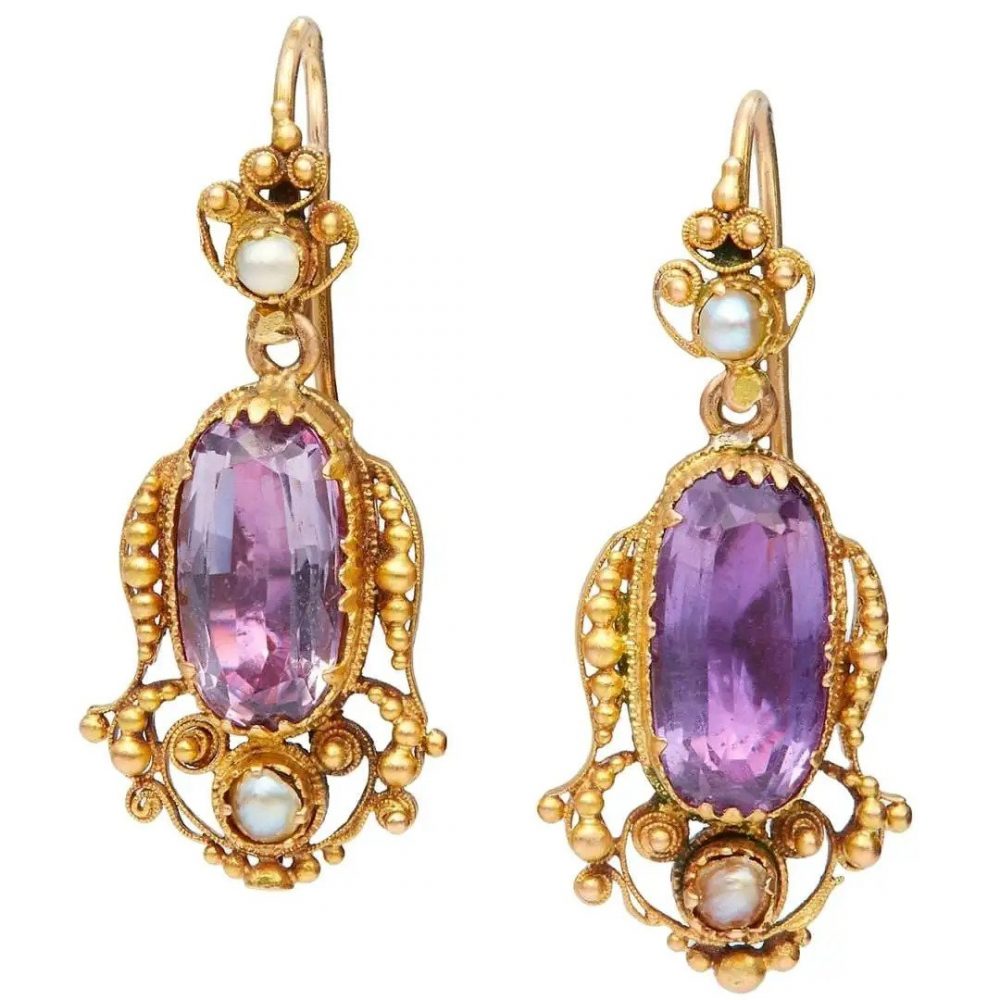 Antique Georgian Ornate Gold Amethyst and Pearl Drop Earrings
