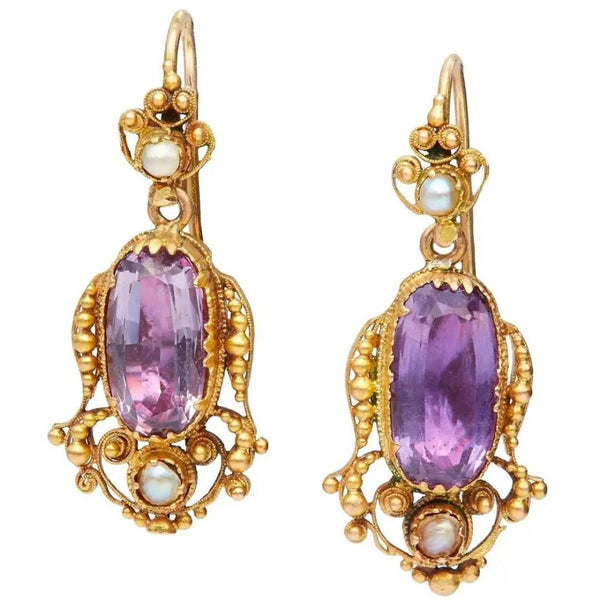 Antique Georgian Ornate Gold Amethyst and Pearl Drop Earrings