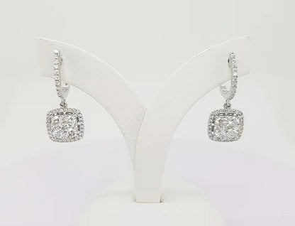 1.25ct Diamond Square Cluster Drop Earrings; square-shaped cluster of diamonds, illusion set, with diamond surround, diamond set hoop drop.
