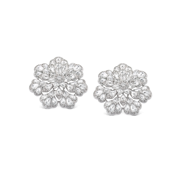 Rose Cut Diamond Floral Cluster Earrings; set with 4.29 carats of exclusive pear-shaped rose-cut diamonds. Crafted in 18ct white gold.