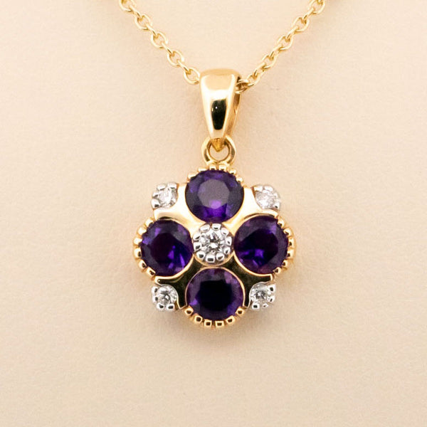 14 Carat Yellow and White Gold Amethyst and Diamond Quatrefoil Pendant