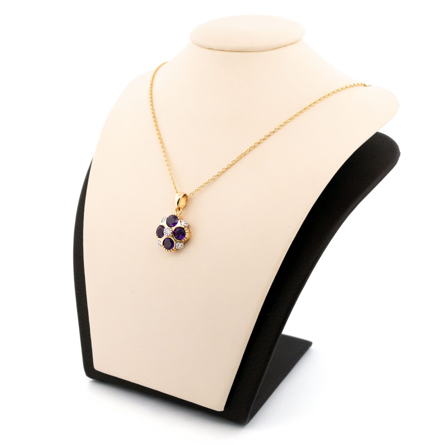 14 Carat Yellow and White Gold Amethyst and Diamond Quatrefoil Pendant