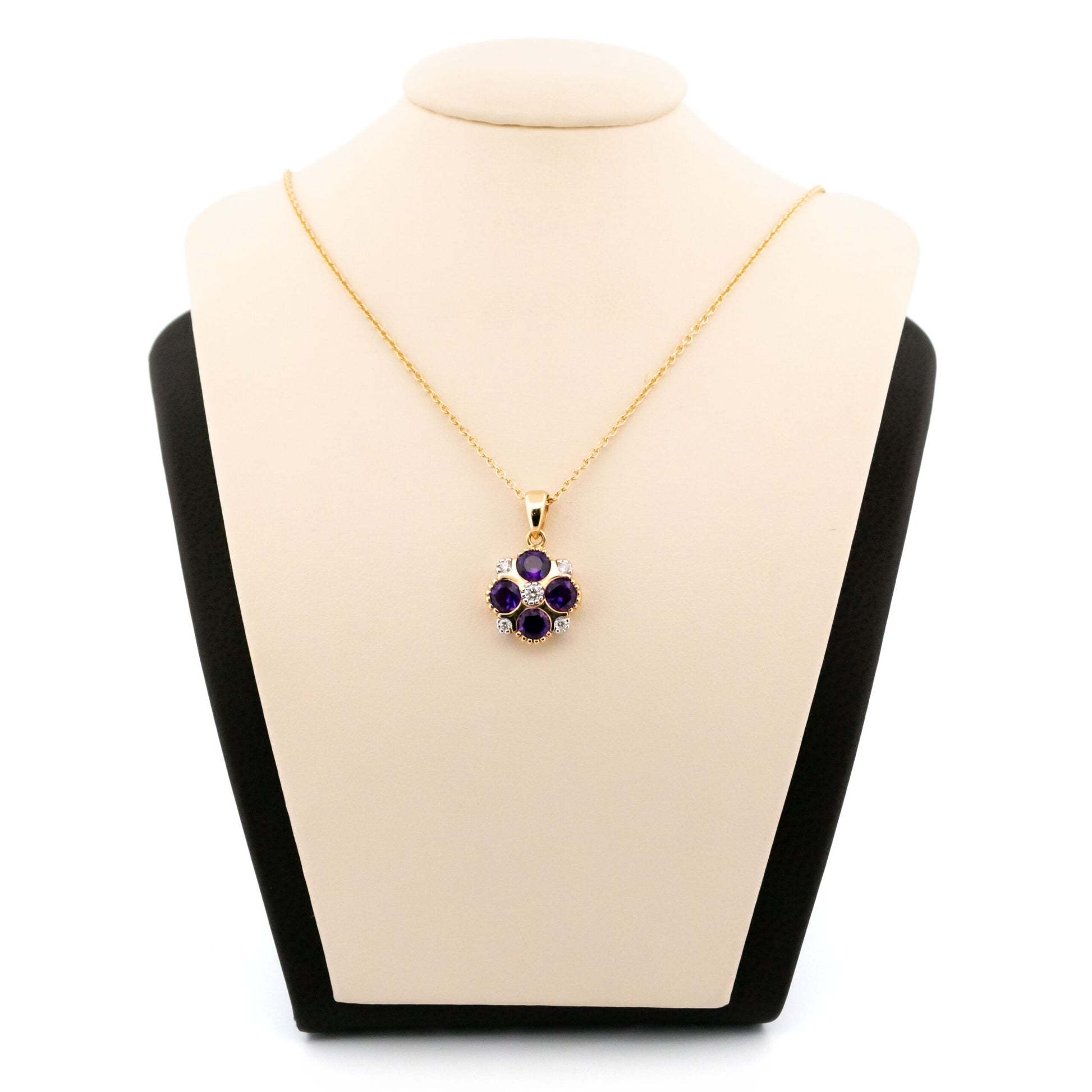 14 Carat Yellow and White Gold Amethyst and Diamond Quatrefoil Pendant