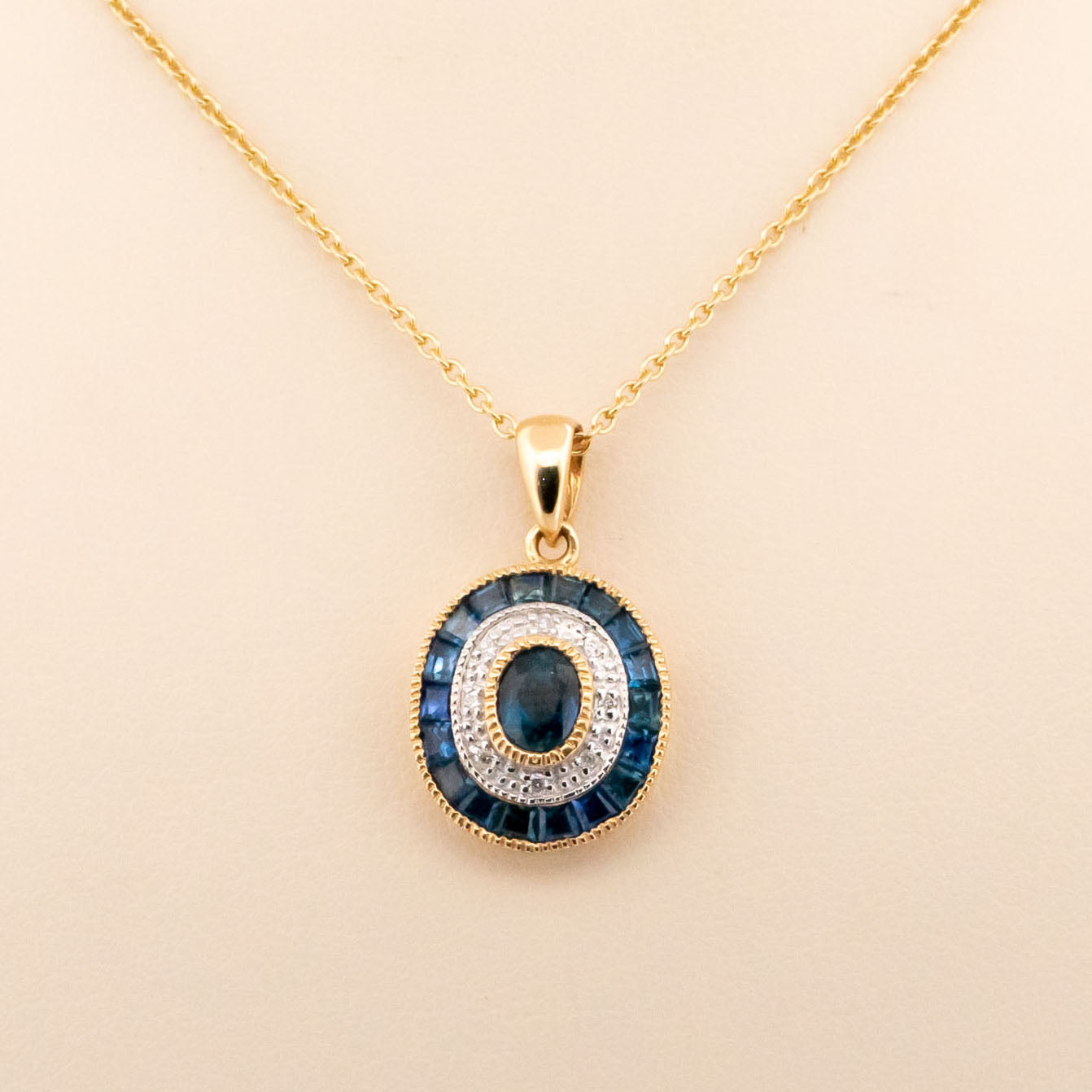 Art Deco Style 14 Carat Gold Sapphire and Diamond Oval Pendant