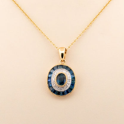 Art Deco Style 14 Carat Gold Sapphire and Diamond Oval Pendant