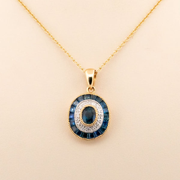 Art Deco Style 14 Carat Gold Sapphire and Diamond Oval Pendant