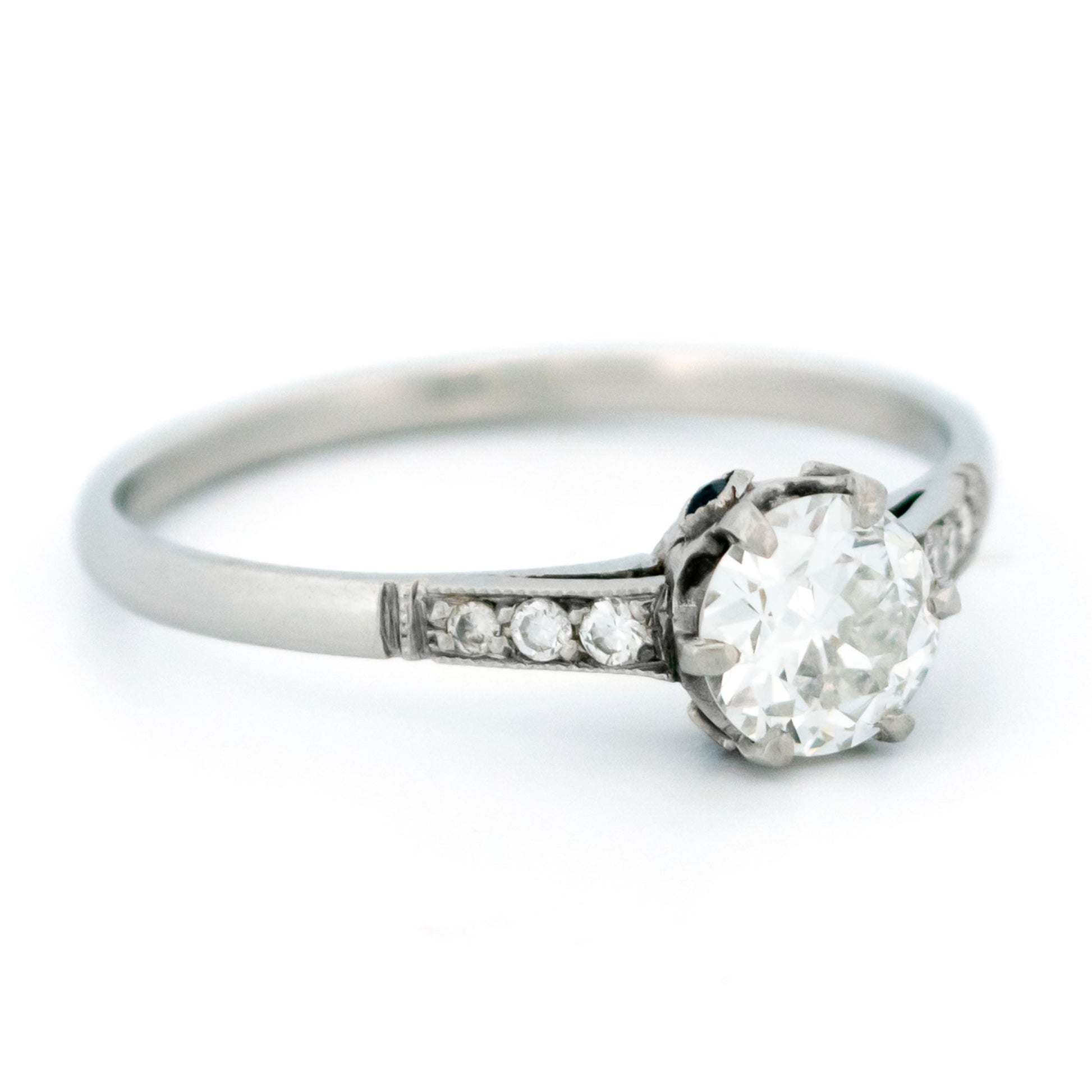 Platinum Old European Cut Diamond and Sapphire Engagement Ring