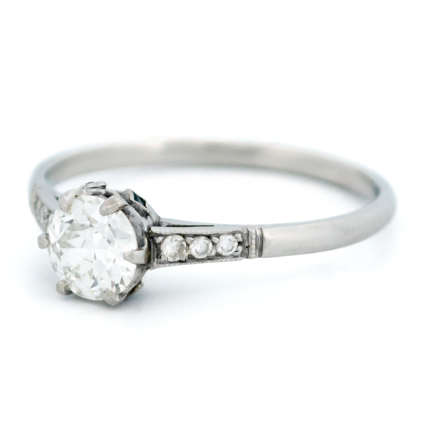 Platinum Old European Cut Diamond and Sapphire Engagement Ring