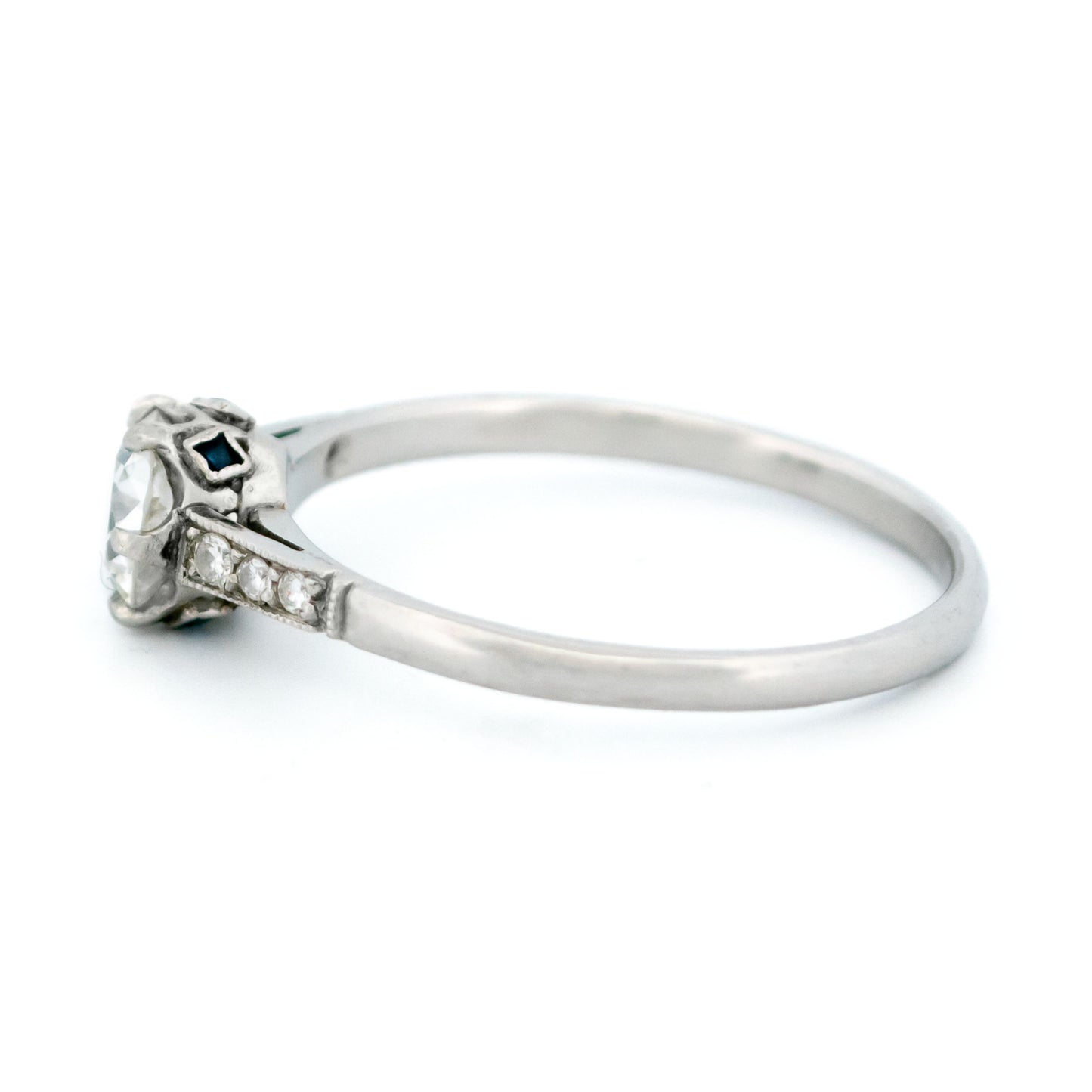 Platinum Old European Cut Diamond and Sapphire Engagement Ring