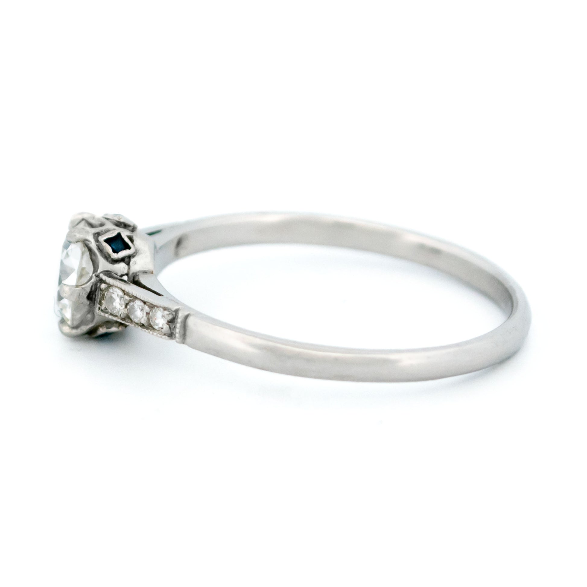 Platinum Old European Cut Diamond and Sapphire Engagement Ring