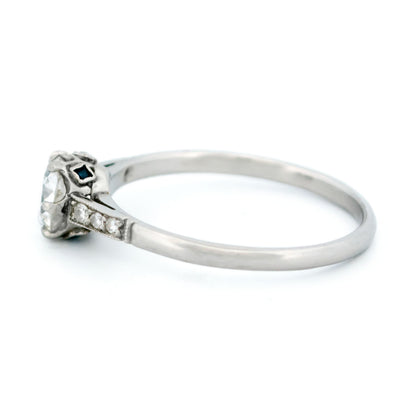 Platinum Old European Cut Diamond and Sapphire Engagement Ring