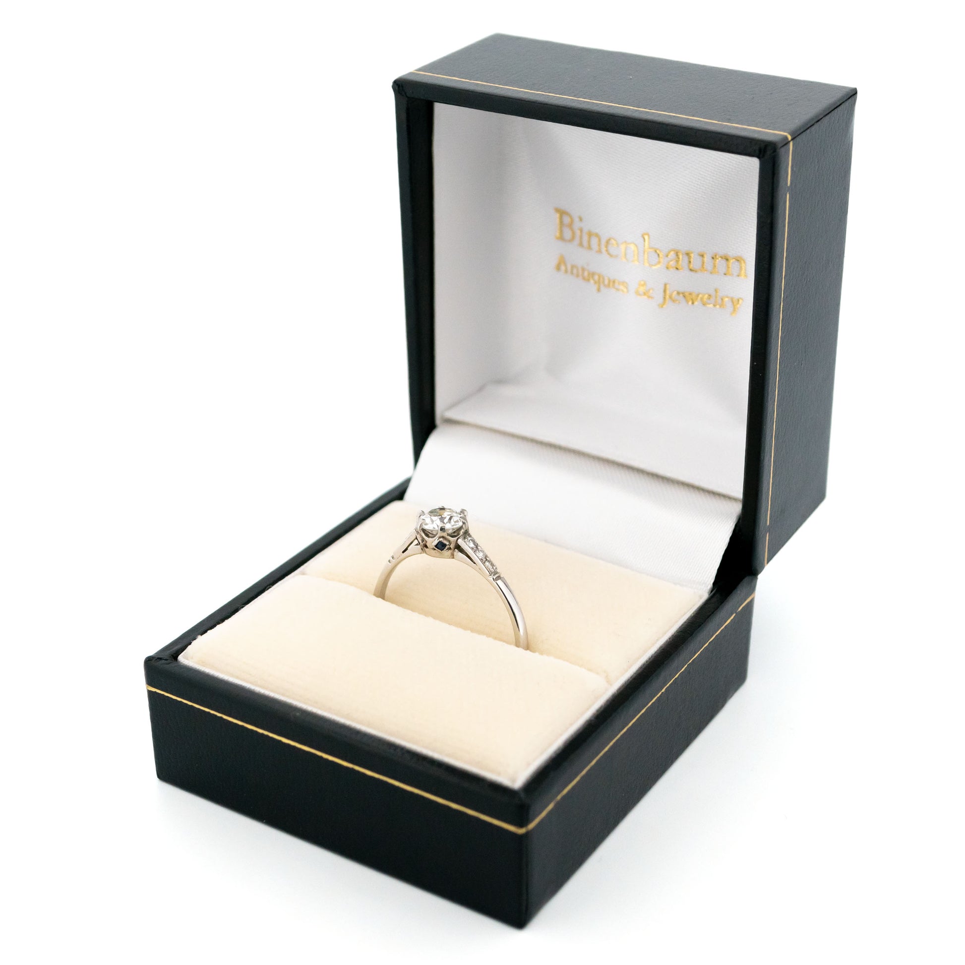 Platinum Old European Cut Diamond and Sapphire Engagement Ring