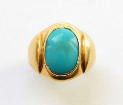 Antique Victorian Cabochon Turquoise and Gold Signet Ring; 18ct yellow gold pinky ring set with a large oval cabochon cut turquoise, 19th century