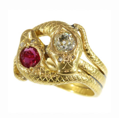 Late Victorian Old Cut Diamond and Ruby Snake Ring, 18ct Yellow Gold