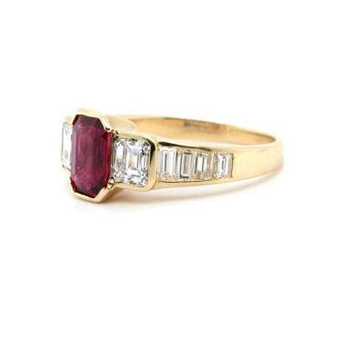 Emerald Cut Ruby and Diamond Trilogy Engagement Ring with Baguette Shoulders in 18ct Yellow Gold