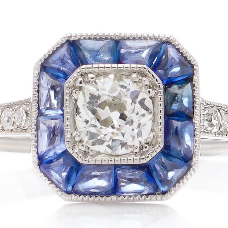 Art Deco Style Diamond and Sapphire Cluster Engagement Ring in Platinum