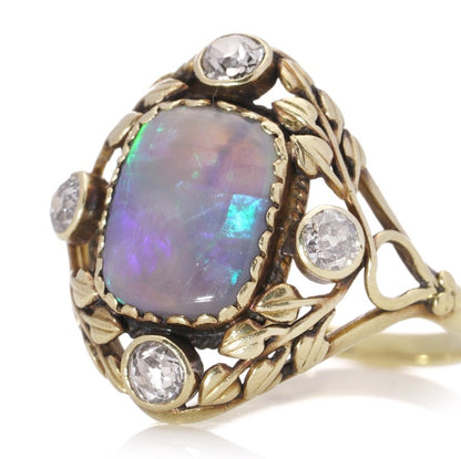 Antique Arts and Crafts Opal Diamond Gold Dress Ring