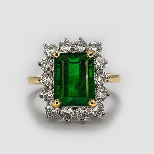 Vintage emerald and diamond rectangular cluster ring