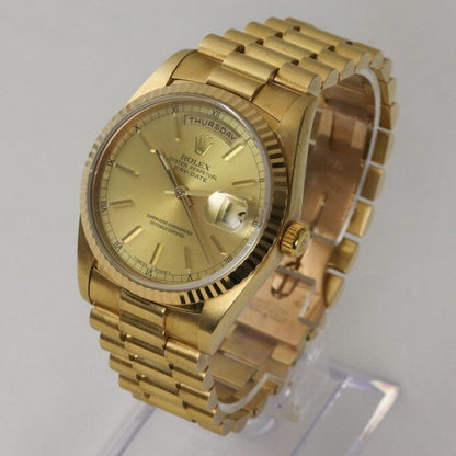 Vintage Rolex Day Date President 18238 18ct Yellow Gold 36mm Automatic Watch; gold-colour dial, weekday and date functions and sapphire crystal, 18ct yellow gold President bracelet with 18ct Crownclasp, with Rolex box, Circa 1990s