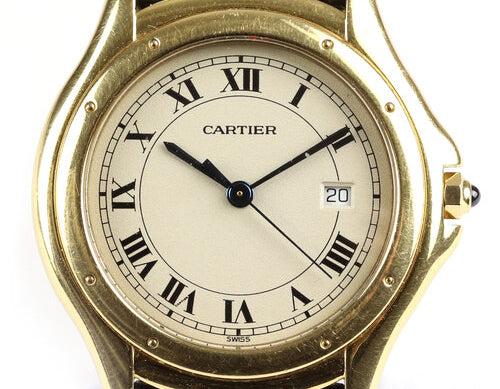 Cartier Cougar 18ct Yellow Gold 33mm Large Model, Gents/Unisex, Ref: 887904, off white dial, Roman numerals, date aperture at 3, blue steel hands, blue cabochon gem set crown, quartz movement, black lizard strap