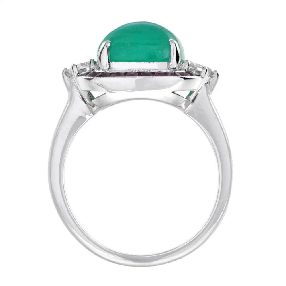 4.12ct Cabochon Natural Colombian Emerald with Ruby and Diamond Halo Ring