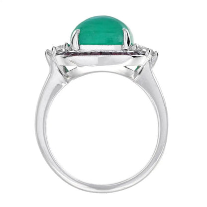 4.12ct Cabochon Natural Colombian Emerald with Ruby and Diamond Halo Ring