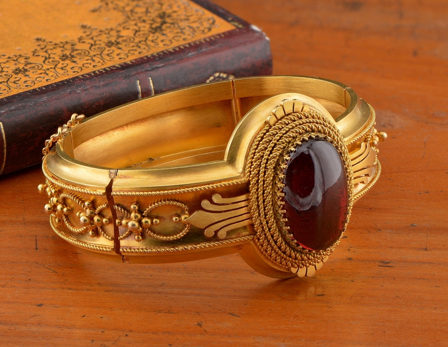Antique Etruscan Revival Gold and Garnet Locket Bangle Bracelet