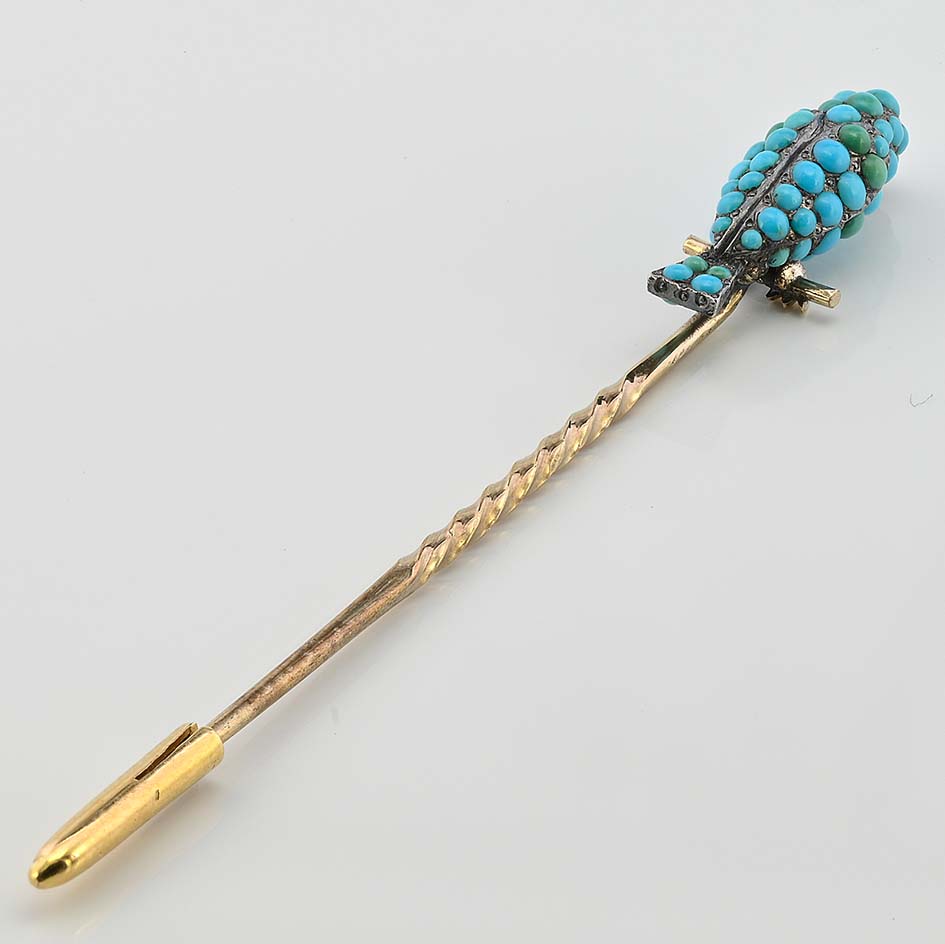 Early Victorian Antique Turquoise Parrot Stick Pin Brooch with Ruby Eyes, Late 19th century Circa 1840