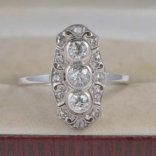 Edwardian Antique 1ct Old Cut Diamond Trilogy Panel Ring