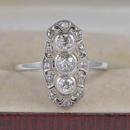 Edwardian Antique 1ct Old Cut Diamond Trilogy Panel Ring