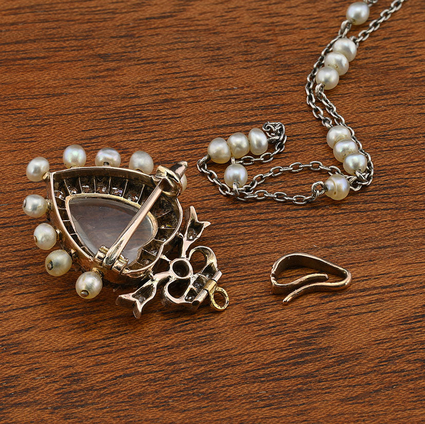 Victorian Antique Carved 3ct Moonstone Heart 1.40ct Old Mine Cut Diamond and Natural Pearl Pendant come Brooch