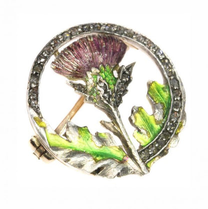 Victorian / Art Nouveau Enamel Thistle Brooch with Rose Cut Diamonds