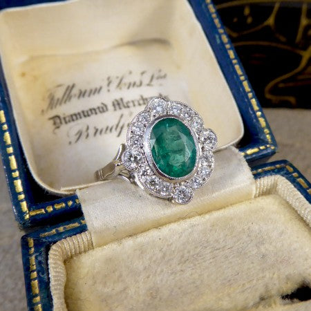 Art Deco Style Emerald and Diamond Cluster Plaque Ring, 1.35cts