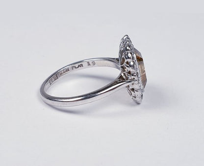 Vintage 1940s Asscher Cut Fancy Diamond Cluster Ring; central 2.76ct golden Asscher cut diamond set within a surround of 0.20cts old cut diamonds