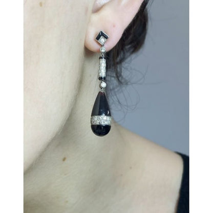 Art Deco Onyx Diamond Enamel Platinum Drop Earrings