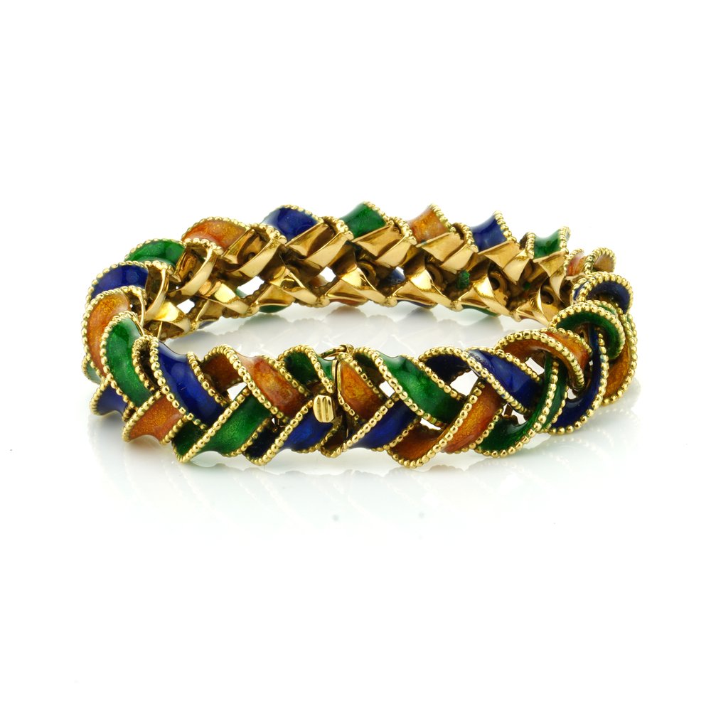 Vintage Van Cleef and Arpels 18ct Gold and Enamel Plait Bracelet, Signed and Numbered