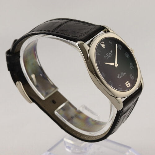 Rolex Cellini 4233 Wrist Watch; 18ct white gold case, black dial, Arabic numerals, manual winding movement, on black leather strap with 18ct white gold buckle, Circa 2008, with Rolex box and papers