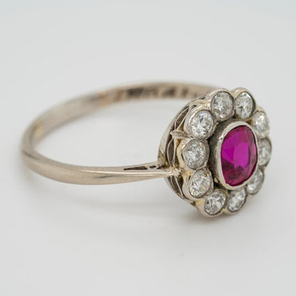 Edwardian Antique Ruby and Diamond Floral Cluster Engagement Ring in Platinum